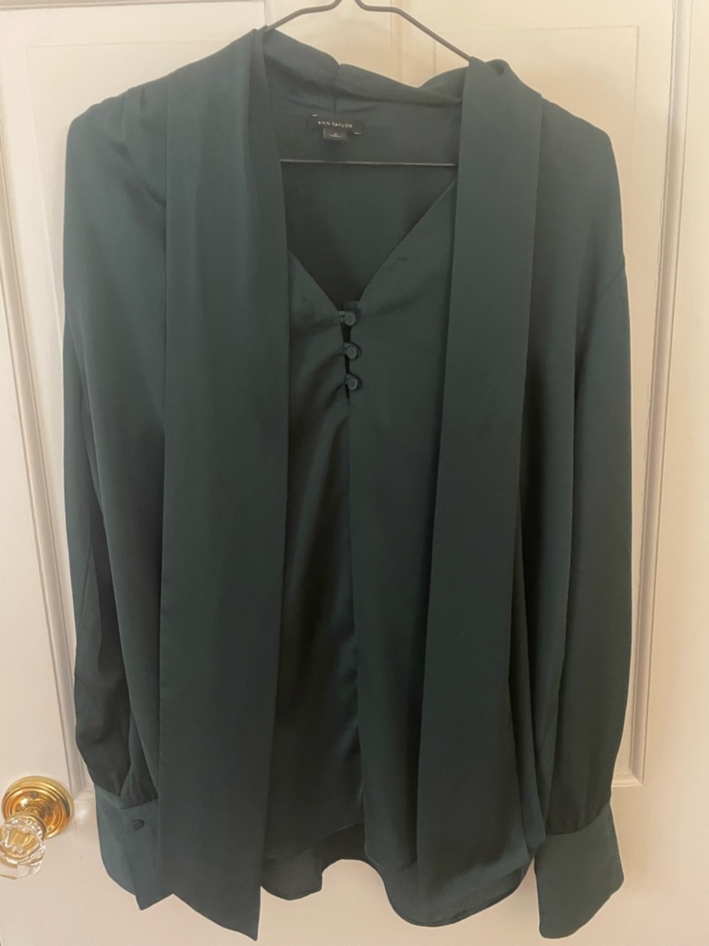 Ann Taylor Dark Green Tie-Neck Blouse